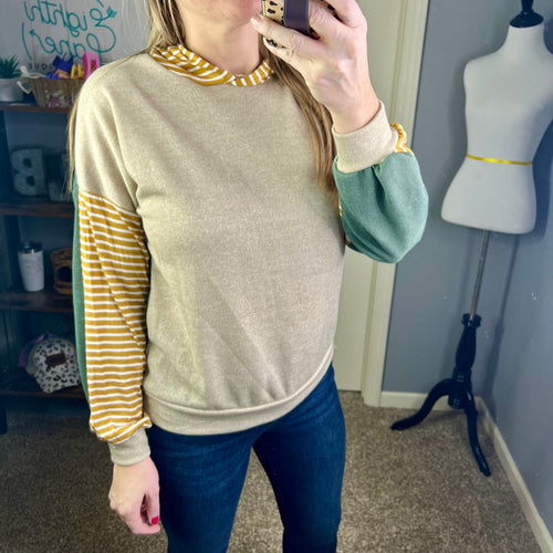 Taupe/olive color block striped hoodie