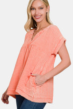 Load image into Gallery viewer, Zenana Washed Raw Hem Short Sleeve Blouse with Pockets