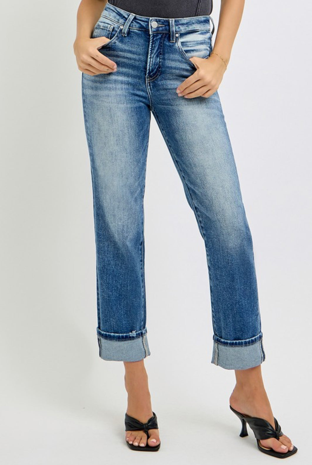 Risen tummy control highrise straight roll up jeans