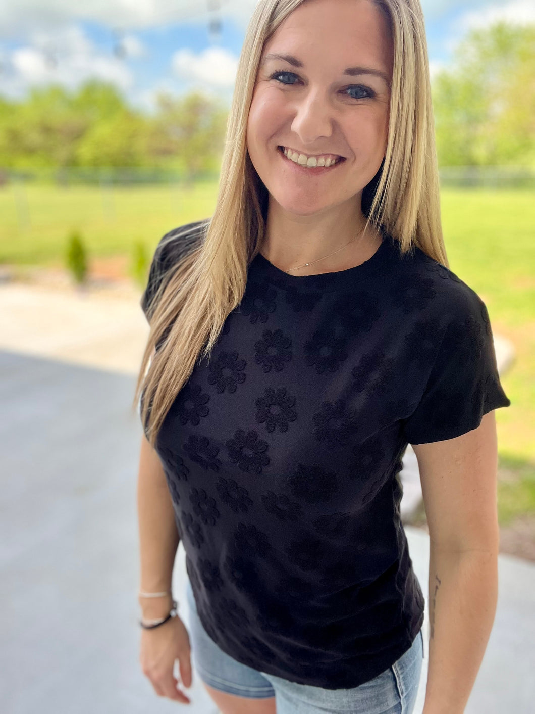 Black textured floral top