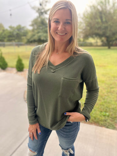 Olive vneck waffle long sleeve