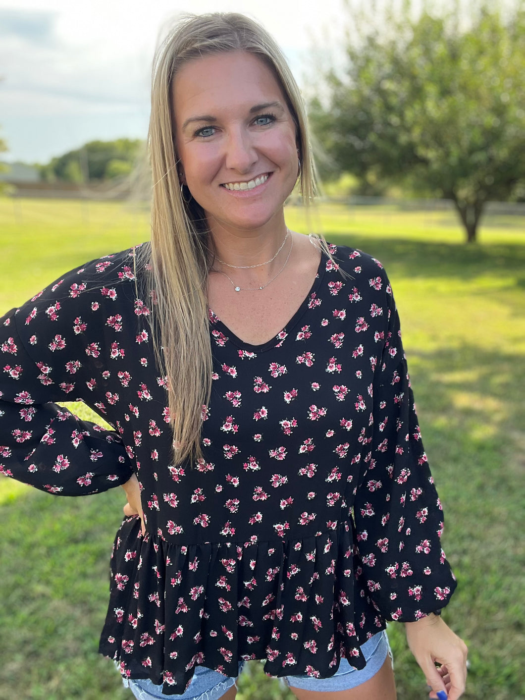 Vneck floral baby doll blouse