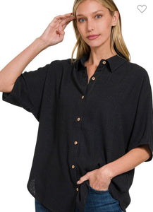 Black linen short sleeve button up