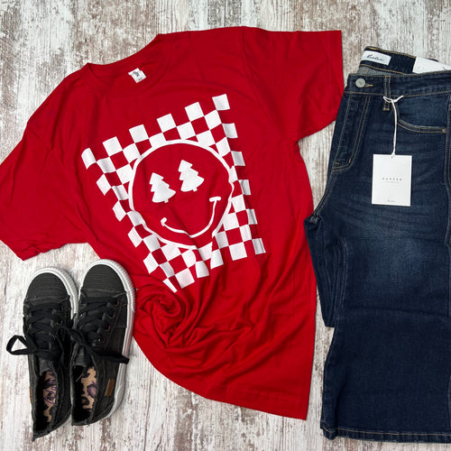 Checkered Christmas Smiley Tee