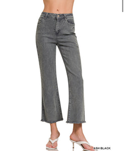 High rise acid wash bootcut crop