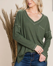 Load image into Gallery viewer, Olive vneck waffle long sleeve