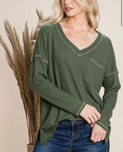 Olive vneck waffle long sleeve