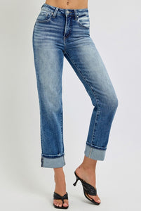 Risen tummy control highrise straight roll up jeans