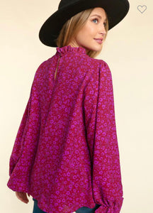 Magenta floral mock neck top