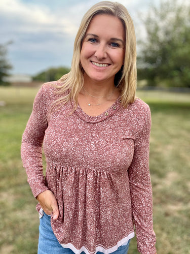 Burgundy ditsy floral babydoll top