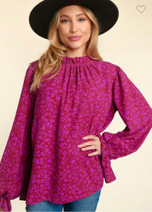 Magenta floral mock neck top