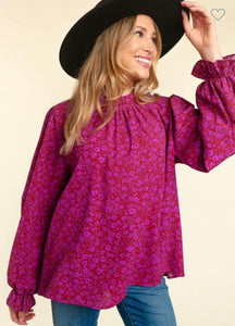 Magenta floral mock neck top