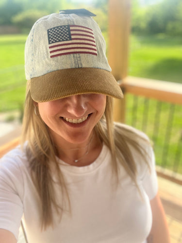 Denim embroidered flag baseball hat