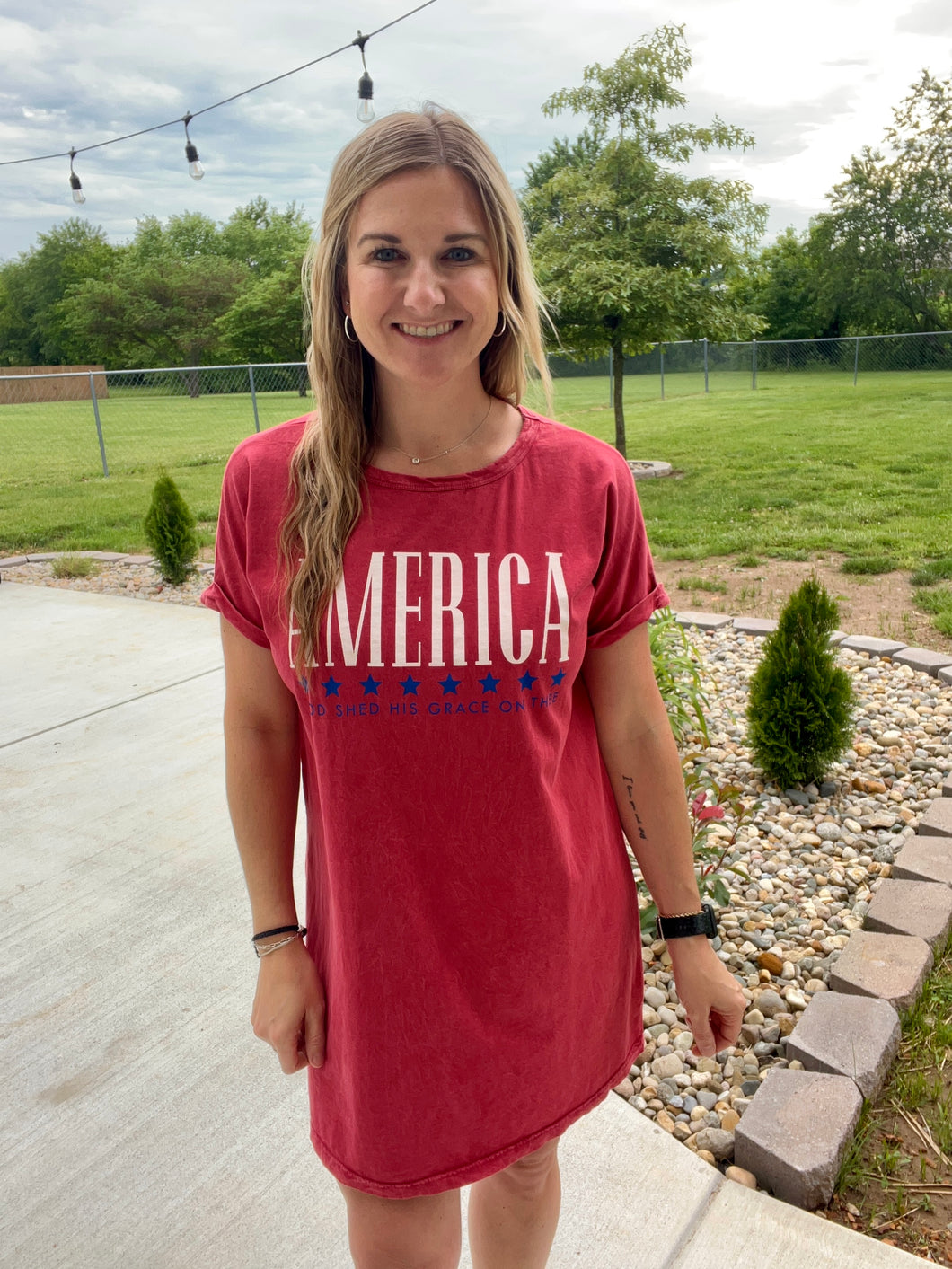 Red mineral wash graphic dress