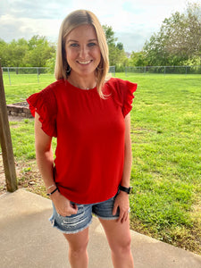 Red smocked ruffle sleeve top