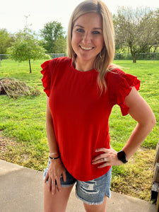 Red smocked ruffle sleeve top