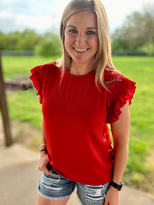 PLUS Red smocked ruffle sleeve top