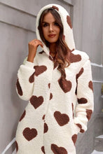 Load image into Gallery viewer, Fuzzy Heart Zip Up Hooded Lounge Jumpsuit