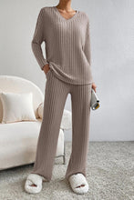 Load image into Gallery viewer, Ribbed V-Neck Top and Pants Set