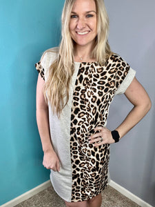 Oatmeal leopard color block dress