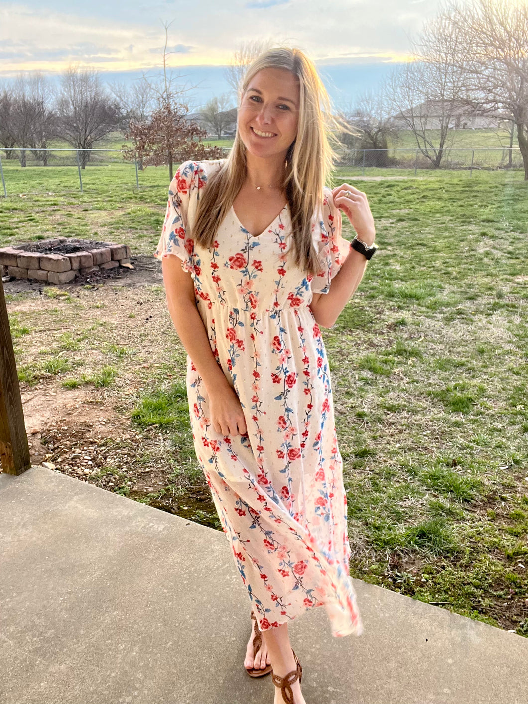 PLUS Ivory floral dress with side slit