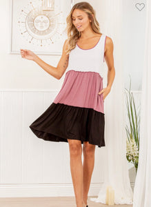 Ivory & mauve color block sleeveless dress